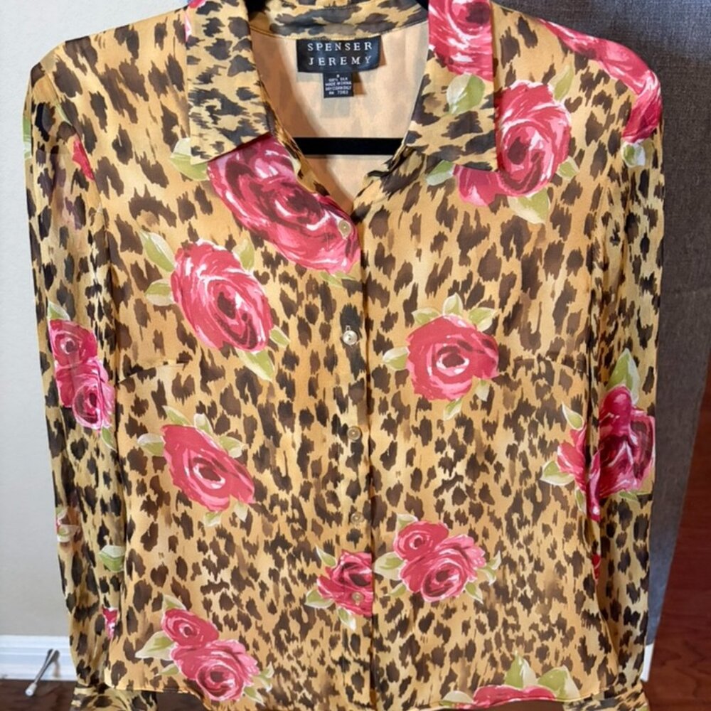 Spenser Jeremy animal print blouse with pink and red roses